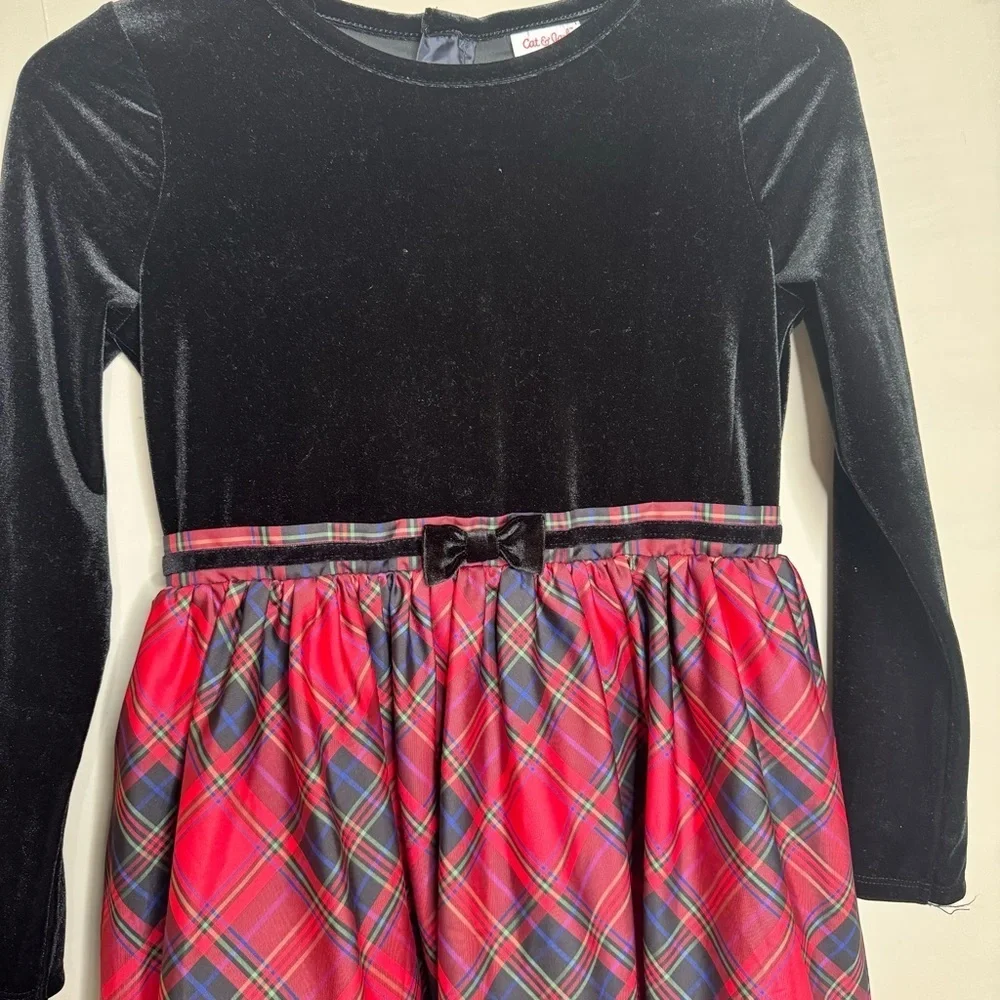 Cat & Jack Red/Black Girls Velour Buffalo Check Long Sleeve Dress